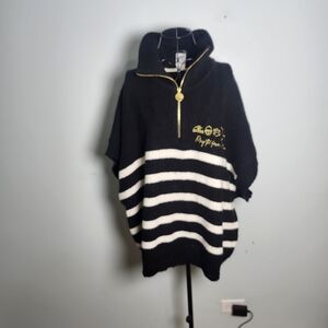 Star Wars 1X Black White Striped Funnel Neck Sweater Dolman Sleeve Half Zip Plus